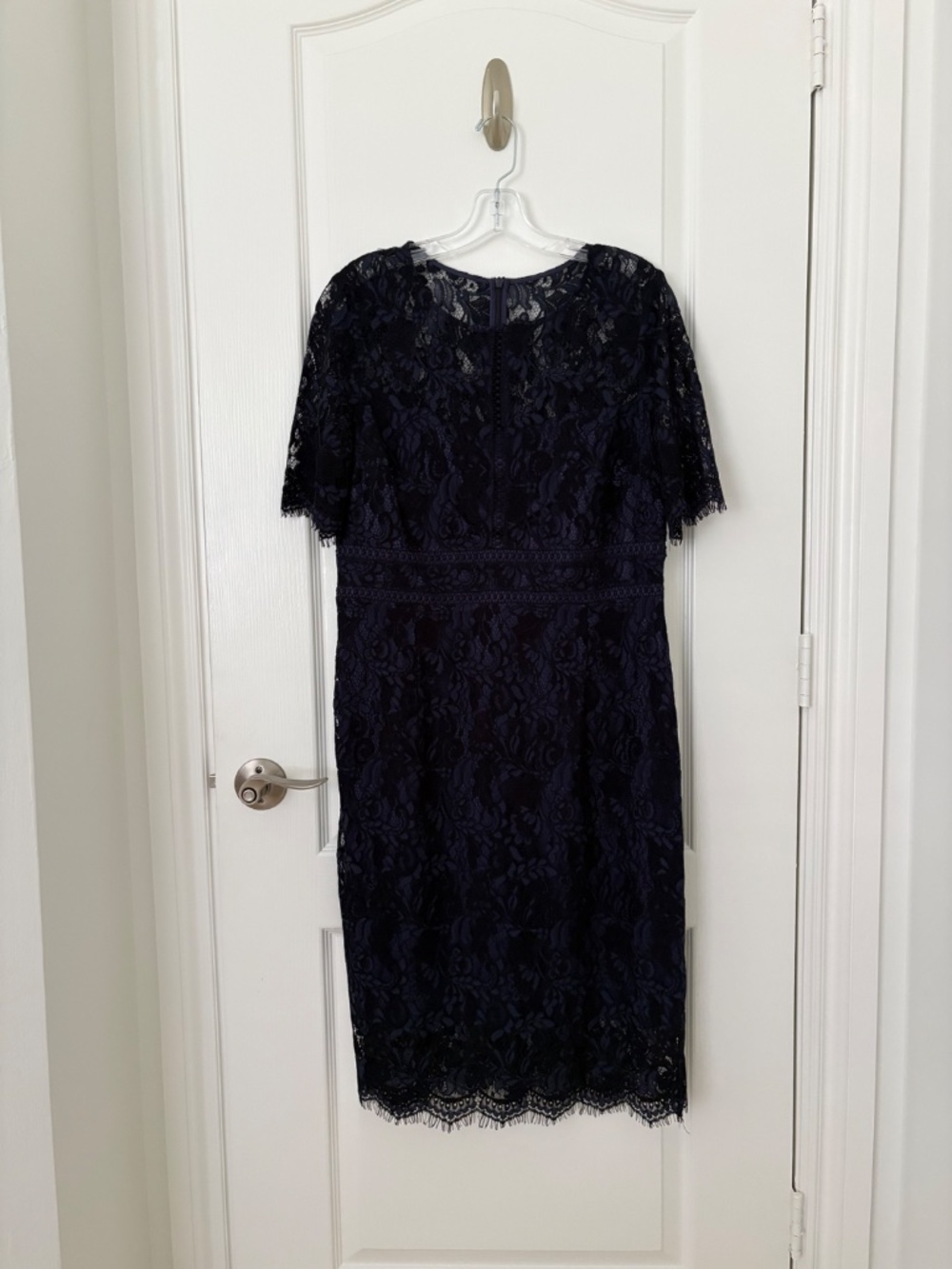 Eliza J Blue Black Lace Sheath Dress Size 14 Elegant Overlay Cocktail Occasion